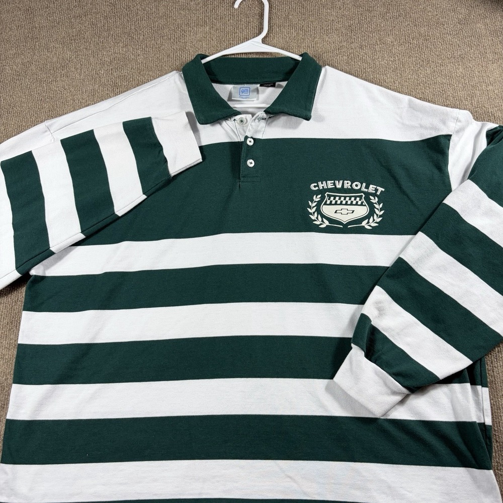 GM Chevrolet Rugby Polo Shirt Large Green White Striped Long Sleeve Licensed